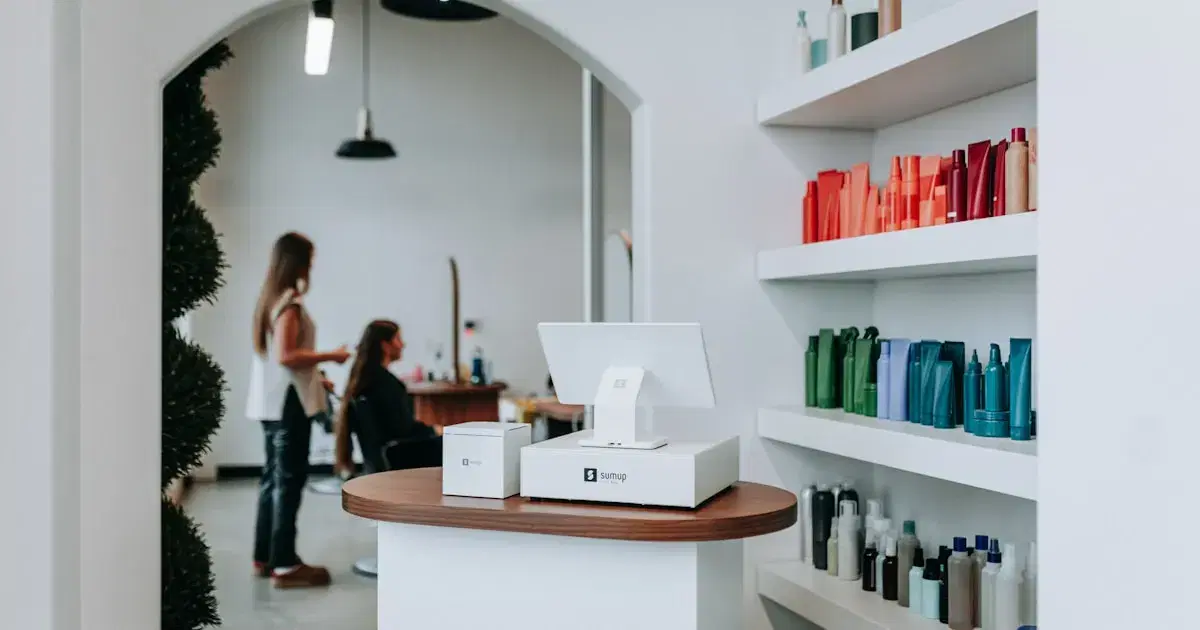 Salon reception with product shelves